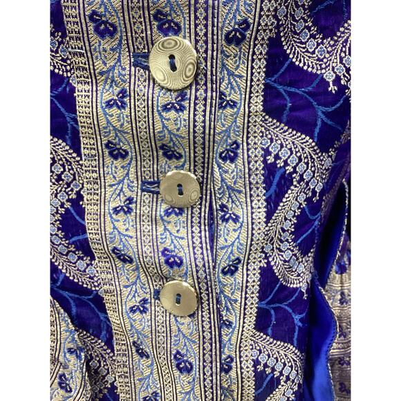 VTG Designer Polatof Women’s Blazer Size M Silk Embroidered Ruffled Royal Blue - Picture 6 of 7